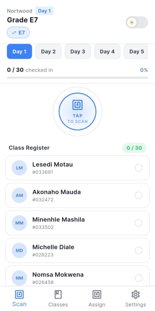 RegisterTap scan screen showing a class register